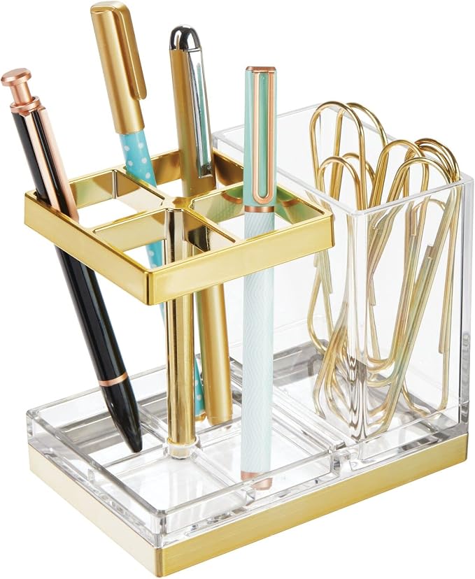 mDesign Plastic Toothbrush and Toothpaste Storage Organizer Holder - Home Decor for Bathroom Countertop - Holds Toiletries and Beauty Accessories - Lumiere Collection - Clear/Soft Brass