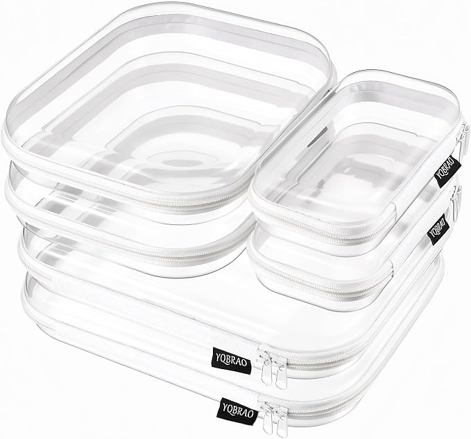 YQBRAO 6 Pack Clear Hard Shell Zipper Case, 1.2mm Heavy Duty Crush-Proof Diaper Bag Organizer Pouches, TSA Approved Travel Makeup Bag for Toiletries & Electronics, (2L, 2M, 2S) Multi-Size Storage Set
