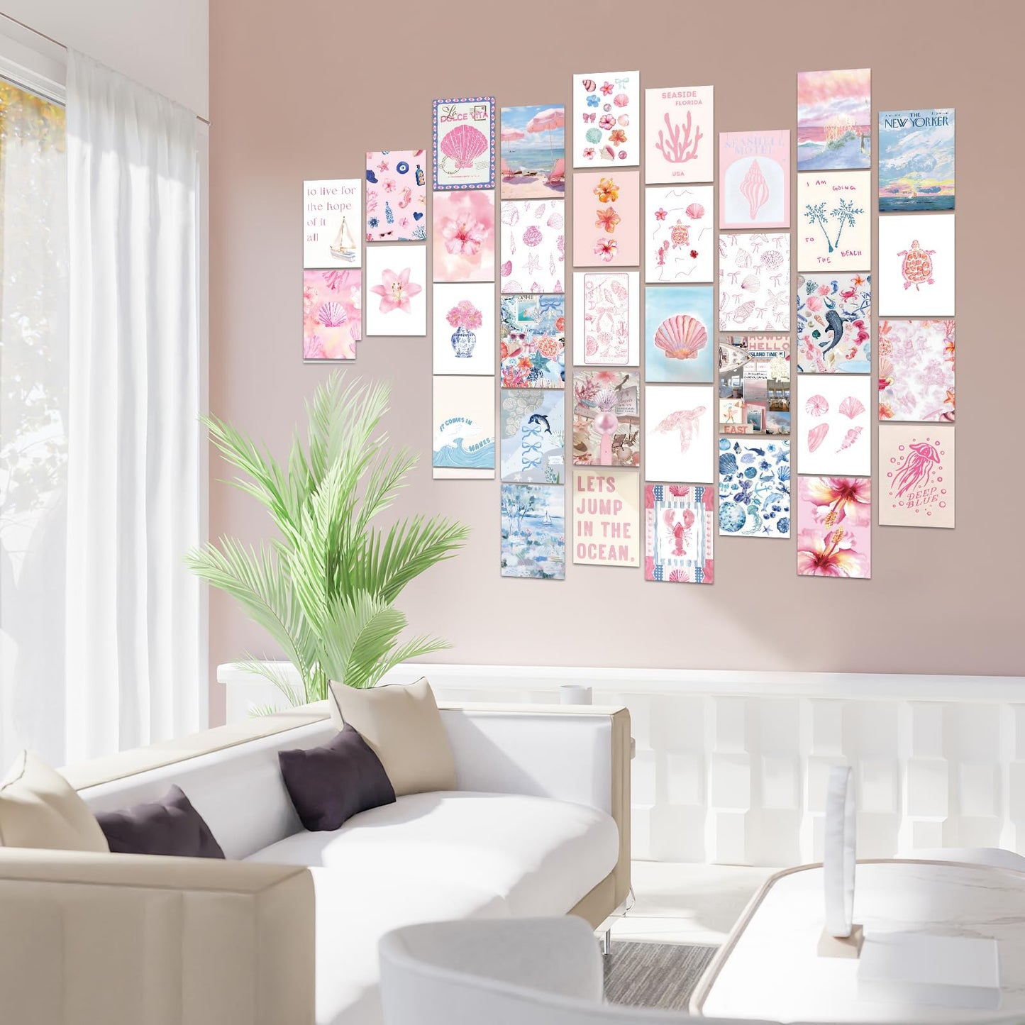 FYSUIMU 50Pcs Coastal Wall Collage Kit Pink Blue Coastal Beach Seashell Art Print Preppy Room Decor Aesthetic Pictures for Bedroom Wall Dorm Home Decor, 4 x 6 Inch