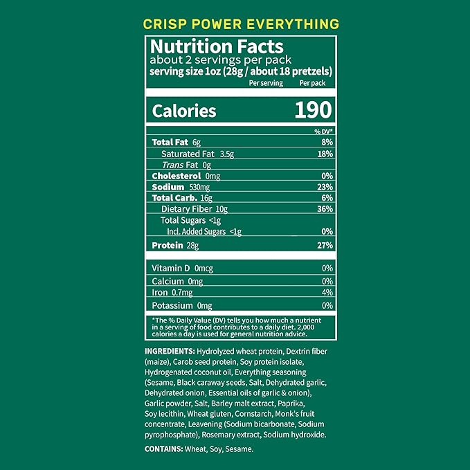 Crisp Power Protein Pretzels, Everything, High Protein Vegan Keto Snack, 28 G Plant Based Protein, Low Carb Crunchy Pretzel Snacks, Sugar Free, No Seed Oils, 1.75 oz Bags, 24 Pack