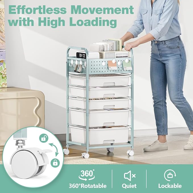 4 Drawer Rolling Storage Cart with Pegboard Top and Hooks, Mobile Organizer Cart with Wheels for Office Supplies, Craft Storage, Classroom Organization, Home Utility Cart, Green