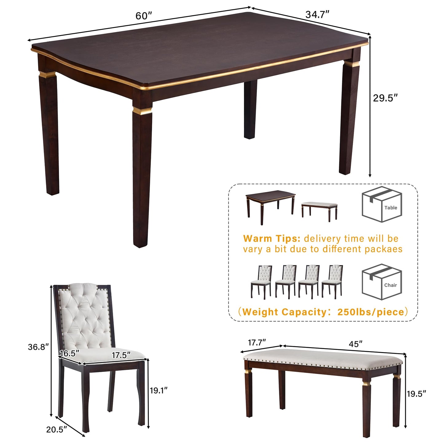 Merax 6-Piece Solid Wood Dining Table Set, Modern Elegant 60" Rectangular with 4 High-Back Tufted Upholstered Chairs + 1 Bench for Kitchen Room, Espresso