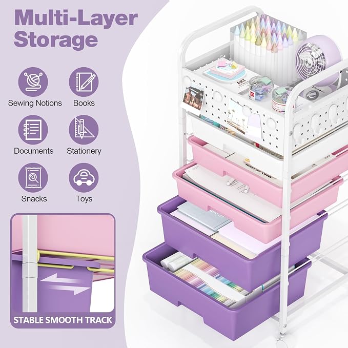 5 Drawer Rolling Storage Cart with Pegboard Top and Hooks, Mobile Organizer Cart with Wheels for Office Supplies, Craft Storage, Classroom Organization, Home Utility Cart, Dreamy Color