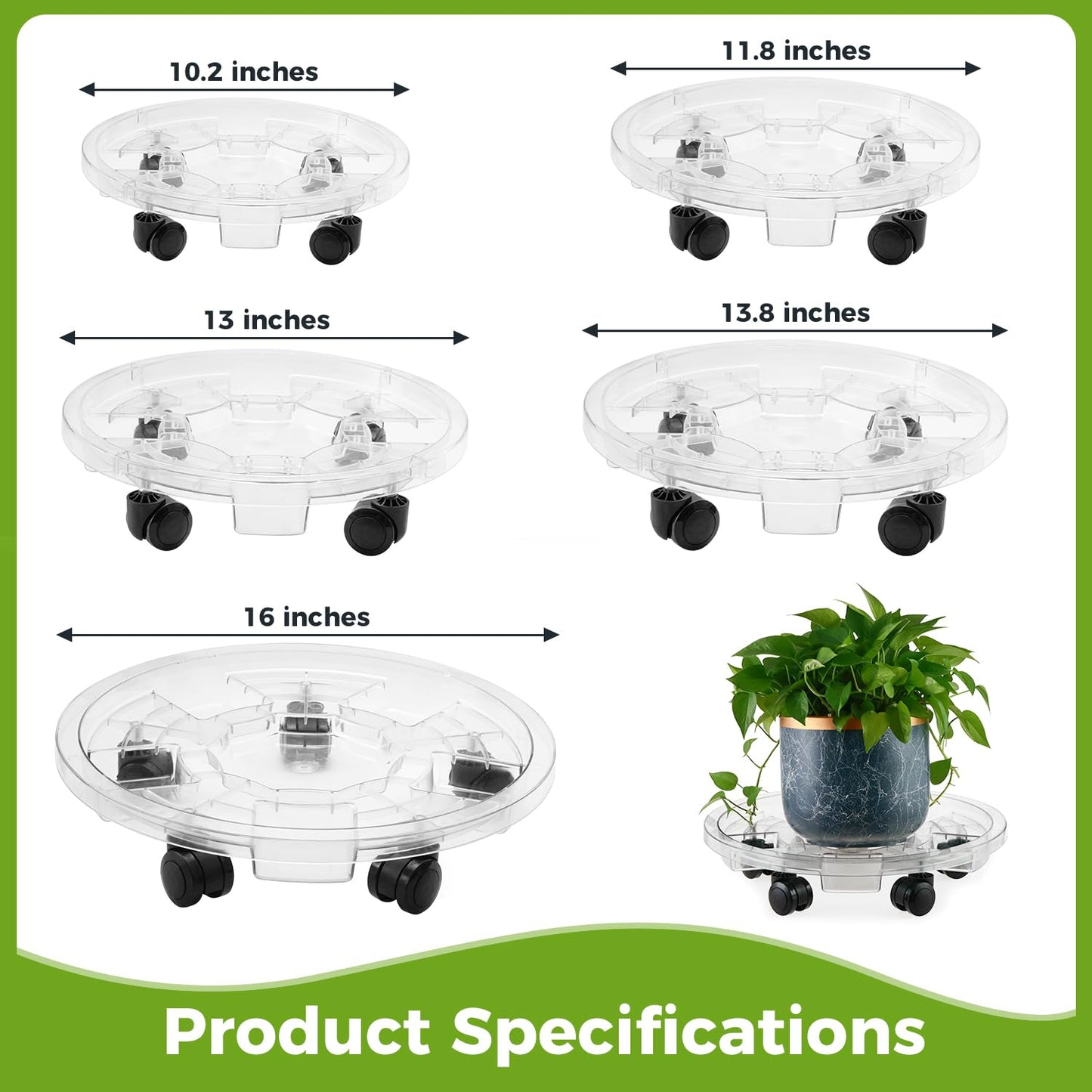KvyusFlourish 4 Packs 13.8 Inches Large Clear Plant Caddy Plant Saucers on Wheels Rolling Plant Stands Heavy-duty Plant Dolly Plastic Planter Roller Base Pot Movers Outdoor Plant Tray Coaster