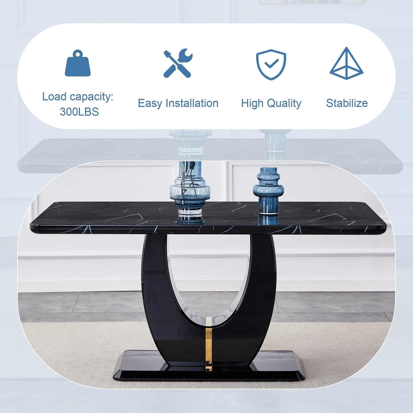 JUFU 63" Black Marble-Look Dining Table for 6, Modern Rectangular Kitchen & Dining Room Table, Glossy Faux Marble Finish Top, Pedestal Base, Easy Assembly