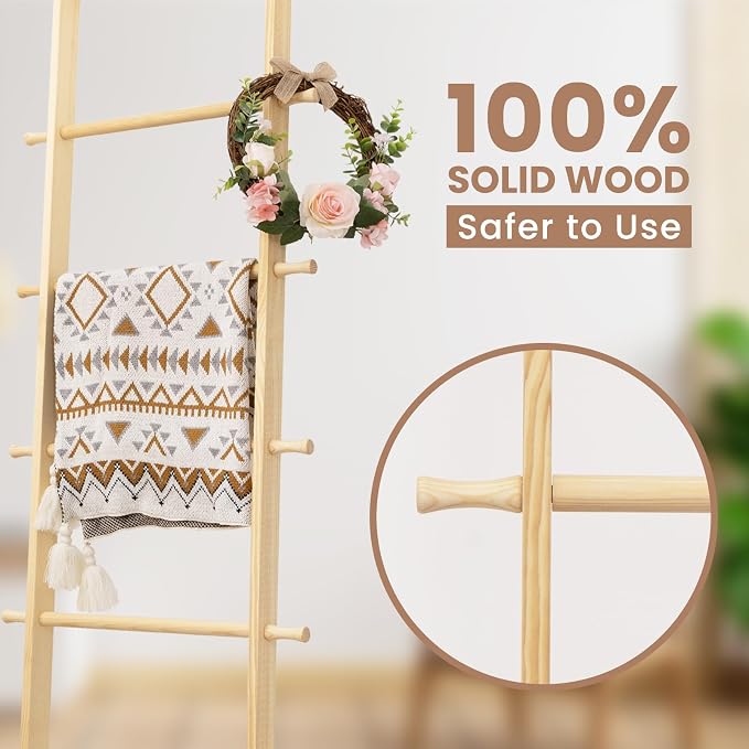 5-Tier Blanket Ladder – 4.8 Ft Wall Leaning Quilt Rack, Farmhouse Blanket Storage for Living Room, Bedroom & Bathroom – Rustic Decorative Wooden Towel & Quilt Holder, Easy to Assemble