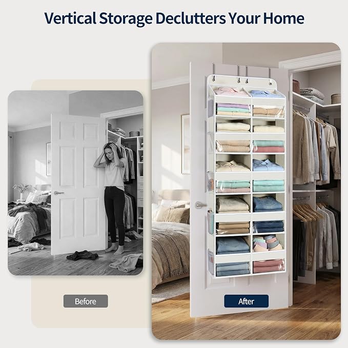 Yecaye Over The Door Organizer, 5 Tier Extra Large Behind Door Storage of 10 Compartments, 80lbs Heavy Duty Door Organizer Hanging with Clear Window for Closet Bedroom Pantry Bathroom, Beige