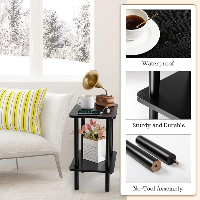 FORAOFUR End Table with Charge Station, Black Small Side Table with USB Ports and Outlets, Narrow Side Table for Living Room, Bedroom and Office, Small Nightstand with Charging Station