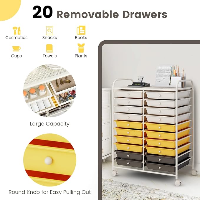 COSTWAY 20-Drawer Rolling Storage Cart, Multipurpose Storage Trolley on Wheels for Home Office School (Yellow, Beige & Grey)