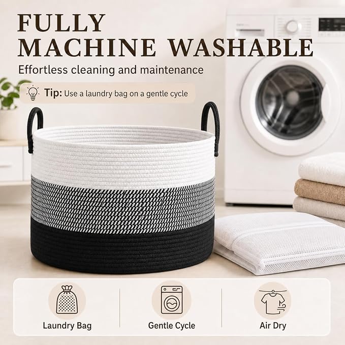 JMvicyroam 65L Extra Large Blanket Basket for Living Room - Woven Cotton Rope Laundry Hamper with Reinforced Handles - Storage Bin for Pillows, Comforters & Toys - Machine Washable,White&Black Mix