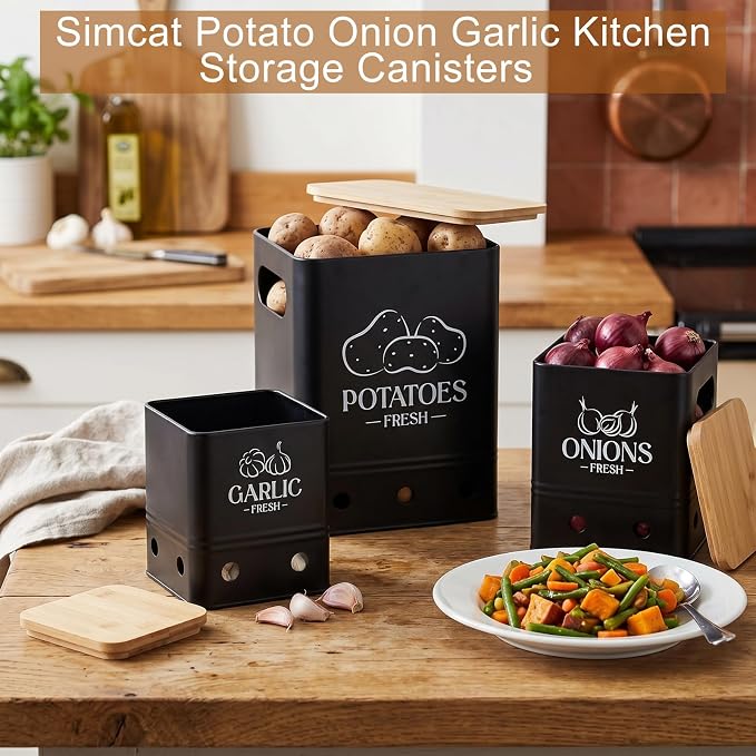 Simcat Kitchen Vegetable Storage Tins Set of 3, Potato Onion Garlic Kitchen Storage Canisters, Vegetable bin Keeper Containers with Aerating Holes and Wooden Lid (Black 1)