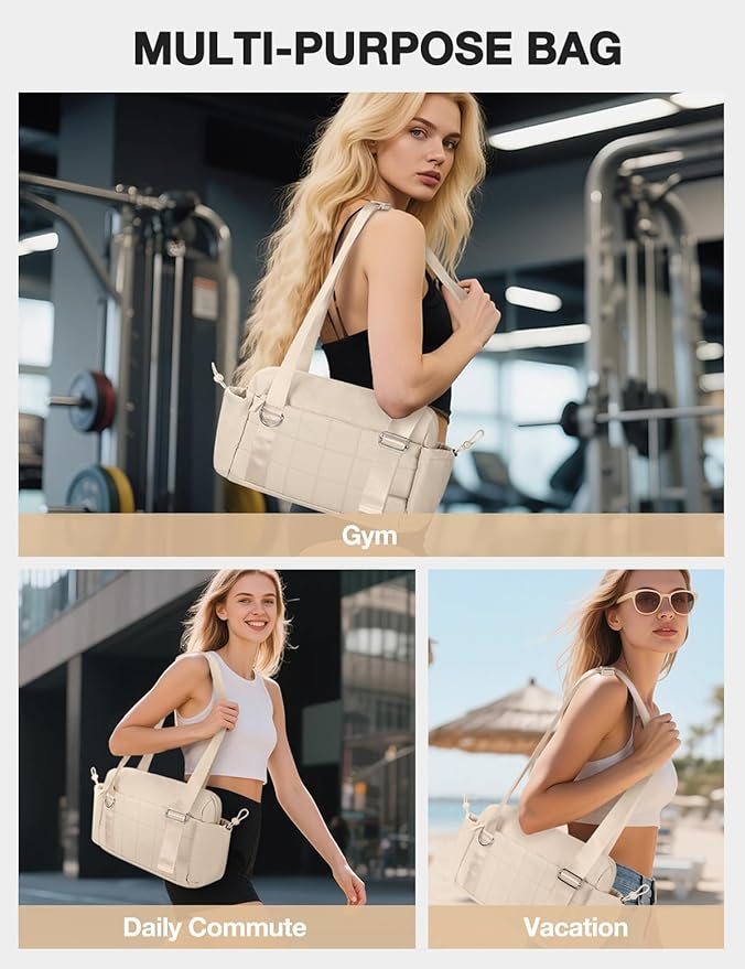 VUUDH Puffy Mini Gym Bag for Women, Carry On Multi-Pocket Water-Resistant Duffel, Lightweight Sports Bag for Fitness, Work, Travel, Daily Commute,Camel