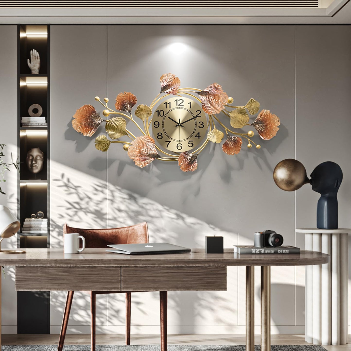HEBOIX Large Wall Clocks for Living Room Decor with Silent Quartz Movement and 3D Ginkgo Leaf Modern Stylish Decorative Metal Wall Clock for Living Room/Bedroom/Office/Bathroom Wall Art