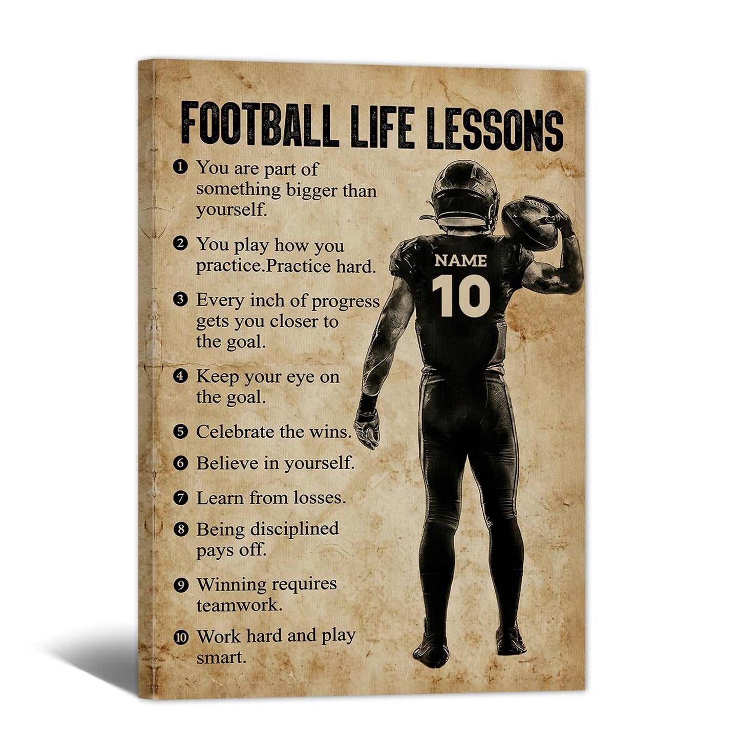 HYESANGNY Personalized Football Life Lessons Canvas Wall Art, Custom Motivational Canvas Prints with Your Name & Numbers, Inspirational Sports Gifts for Football Lovers, Athletes Bedroom Decor