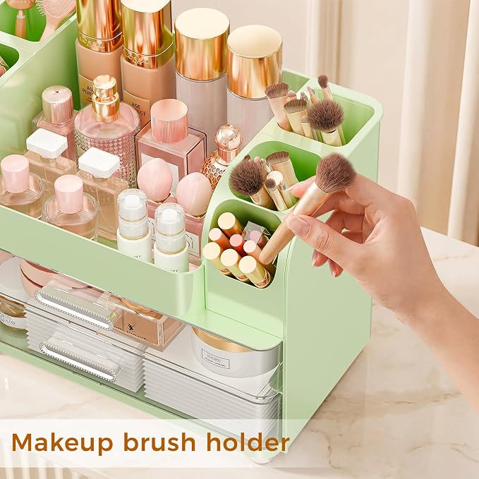 Makeup Organizer for Vanity with Brush Holder, Large Bathroom Countertop Organizer & Skincare Storage | Perfume, Cosmetics Display Case with Drawers (Green)