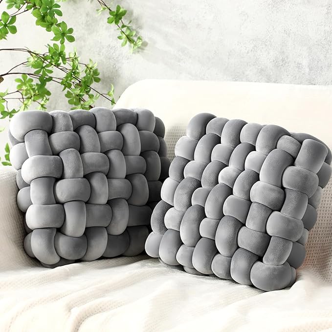 Wenqik 2 Pcs Knot Pillows Square Knotted Plush Throws Soft Accent Pillows Decoration Cushion for Couch Home Office Living Room Bedroom Bed Sofa Decor, 12'' x 13''(Light Gray,Crystal Velvet)