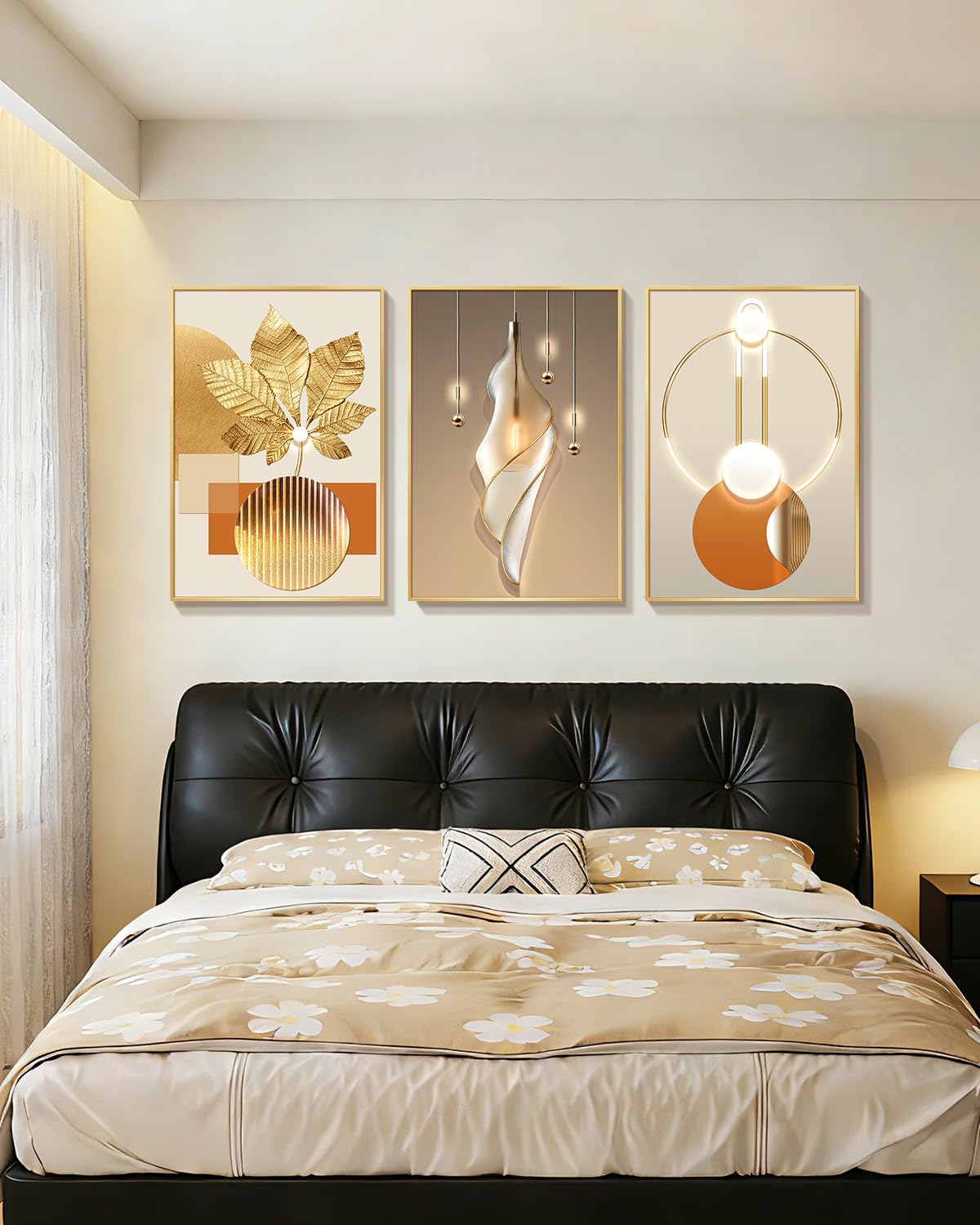 Azartslr Large Framed Modern Rose Gold Wall Art, Luxury 3 Pieces Aluminum Alloy Wall Decor for Living Room, Abstract Gold and Beige Home Bedroom Art Painting, Geometric Crystal Porcelain Artwork Dining Room Pictures Decoration 16x24in