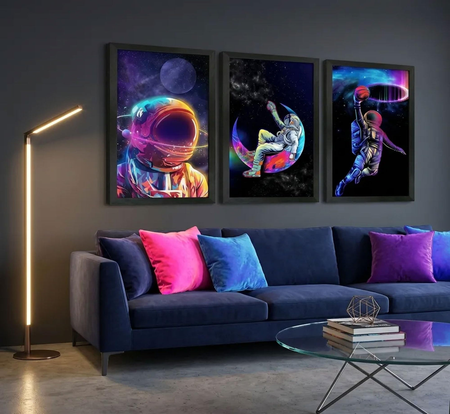 Framed 3pcs Astronaut Canvas Wall Art Dreamy Outer Space Galaxy Pictures Wall Decor Sci Fi Artwork Modern Universe Posters Prints Painting for Boys Bedroom Living Room Home Decoration