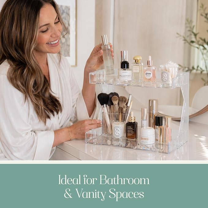 Perfume Organizer for Vanity, Premium Clear Acrylic Makeup Organizer Countertop with Non-Slip Trays, Easy 30-Second Assembly, Holds 12–16 Bottles for Bathroom & Dresser (Crystal Clear)