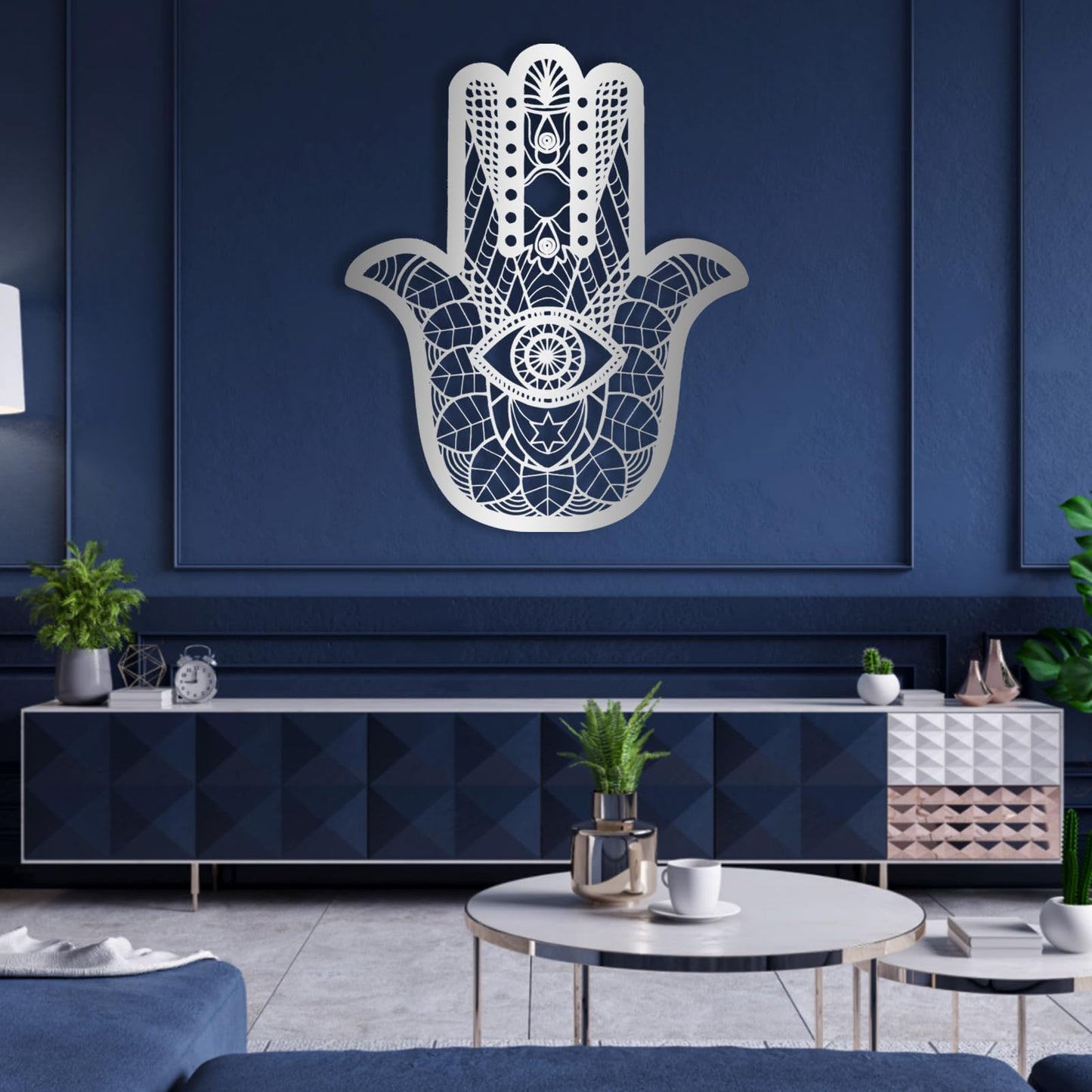 Hamsa Metal Wall Art, Hamsa Hand Wall Art, Hamsa Sacred Geometry Wood Wall Art, Extra Large Wall Decor, Boho Wall Art, Evil Eye Art, Metal Wall Art for Living Room, Housewarming Gift (White, 48 x 39 inch / 121 x 100 cm)