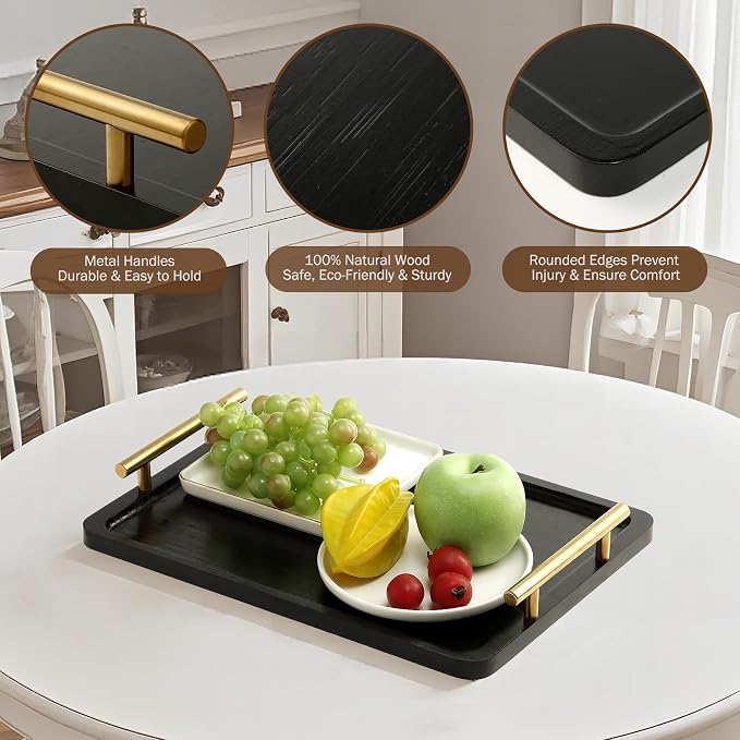 PEKER Wooden Serving Tray with Metal Handles, Black Decorative Coffee Table Tray for Breakfast in Bed, Ottoman & Home Décor, Wooden Food Tray for Kitchen, Living Room & Dining Table