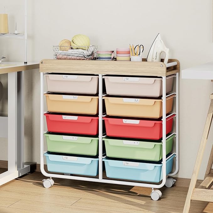 10 Drawers Rolling Cart with Wooden Tabletop, Utility Storage Cart with Wheels, Art Supply Craft Organizer on Wheel with Metal Frame & Handles for Home Office School,Colorful