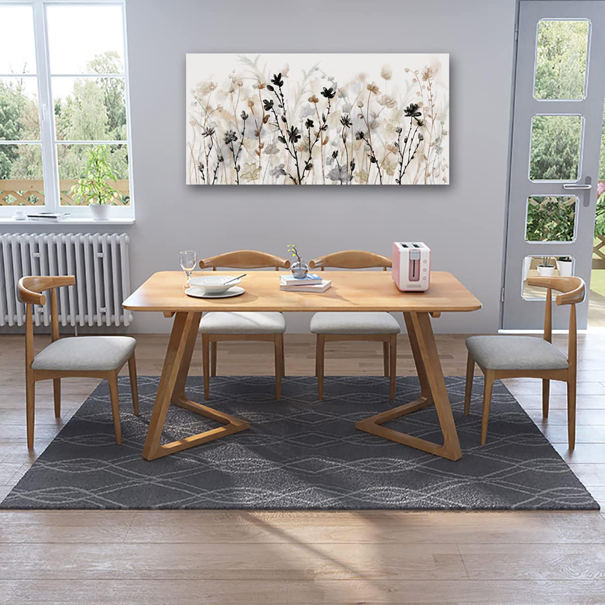 Framed Flower Canvas Wall Art Abstract Grey Cream Brown Wildflowers Canvas Pictures Landscape Artwork Canvas Prints for Home Living Room Bedroom Kitchen Office Wall Decor Ready to Hang 24"x 48"