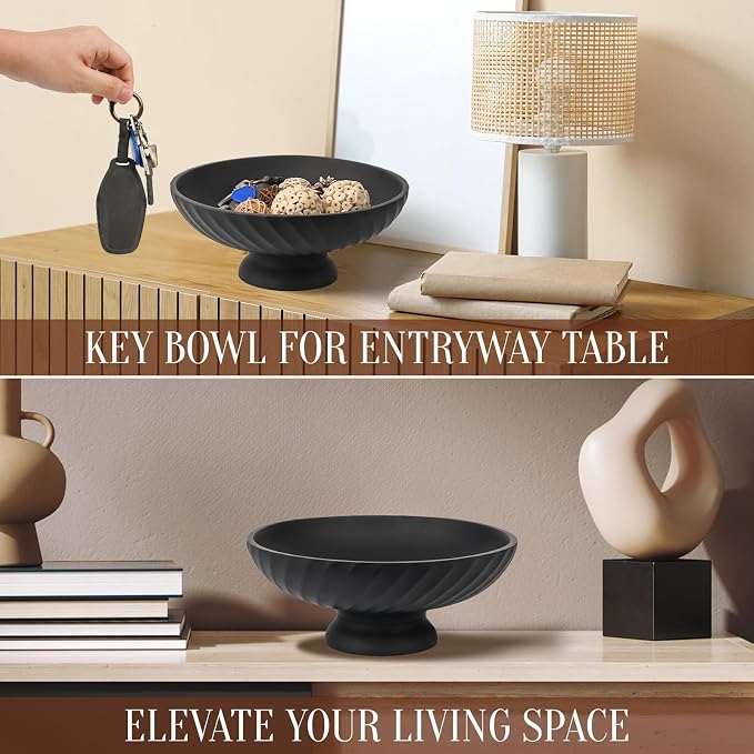 Deobath Large Resin Pedestal Decorative Bowl - Modern Fruit Bowl for Kitchen Counter - Handicraft Bowls for Home Decor - Key Bowl for Entry Table,Matte Black