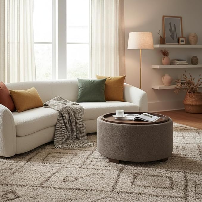 Zihanhome 30 Inch Round Storage Ottoman Coffee Table, Modern Boucle Ottoman with Lift-Off Lid and Solid Wood Legs for Living Room, Bedroom, Corners, Apartments (Brown)
