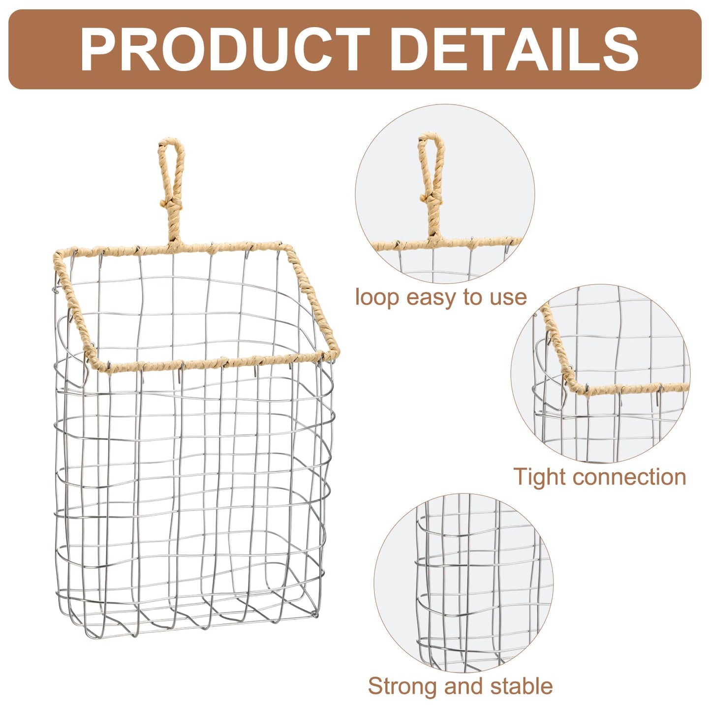 DoubleFill 2 Pcs Hanging Storage Baskets Iron Wire Handwoven Wall Baskets with Wicker Hook Rustic Wall Mounted Organizer for Organizing Mail Files Accessories Kitchen Bathroom Pantry Farmhouse Decor