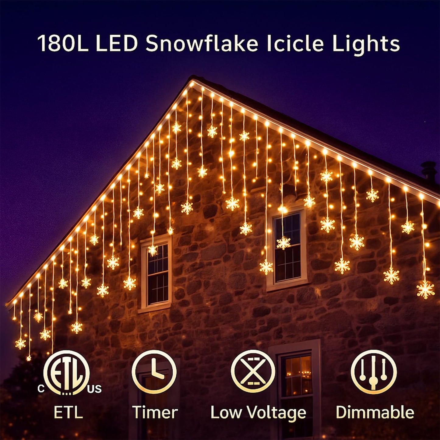 FESTIA Snowflake Curtain Icicle Christmas Lights -180 LED Warm White (≈3000K), 26.4ft Icicle Mini Lights, IP44 Waterproof,8 Modes Memory Function, Connectable Outdoor & Indoor Christmas Decorations