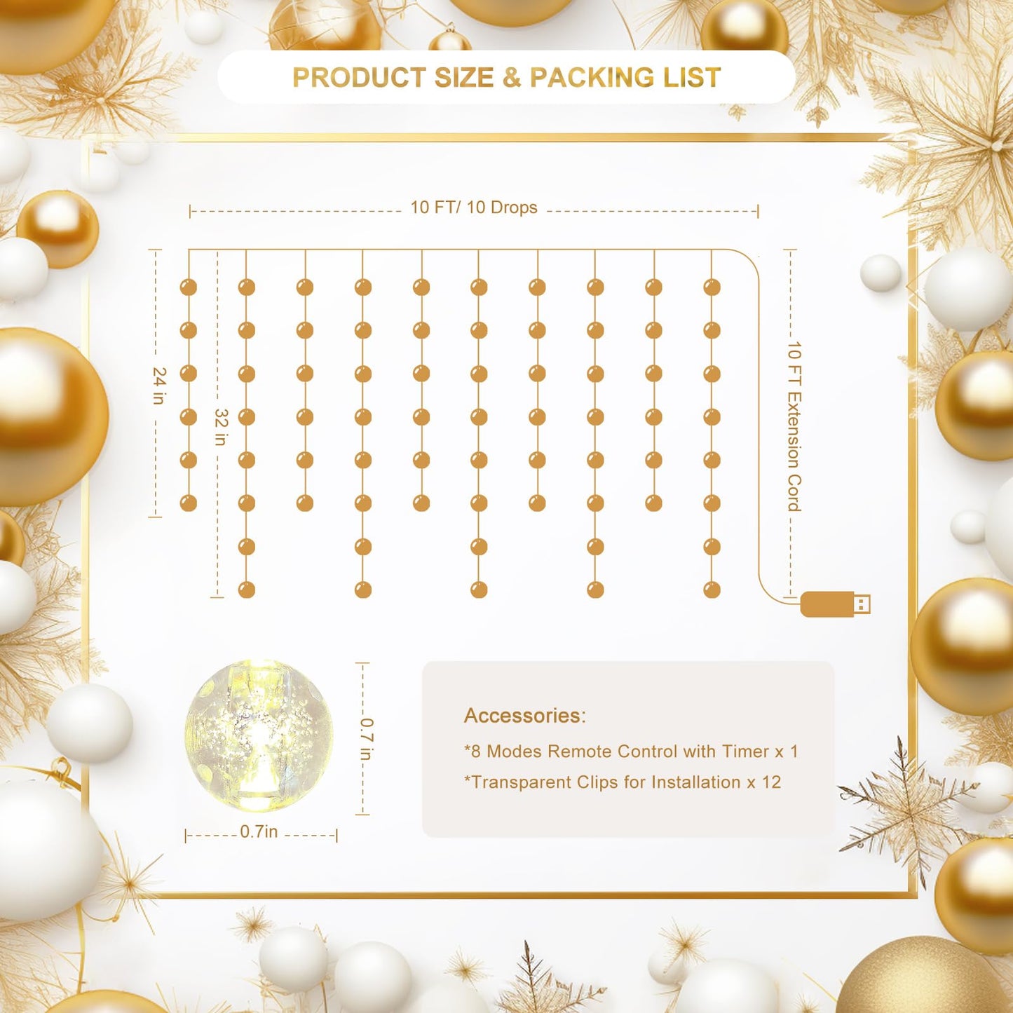 Patioman Ball Curtain Lights, Warm White Window Light 70 Balls Hanging Lights with Remote Fairy Led Twinkle String Light Home Bedroom Wall Ceiling Décor for Christmas, Wedding, Party, Birthday