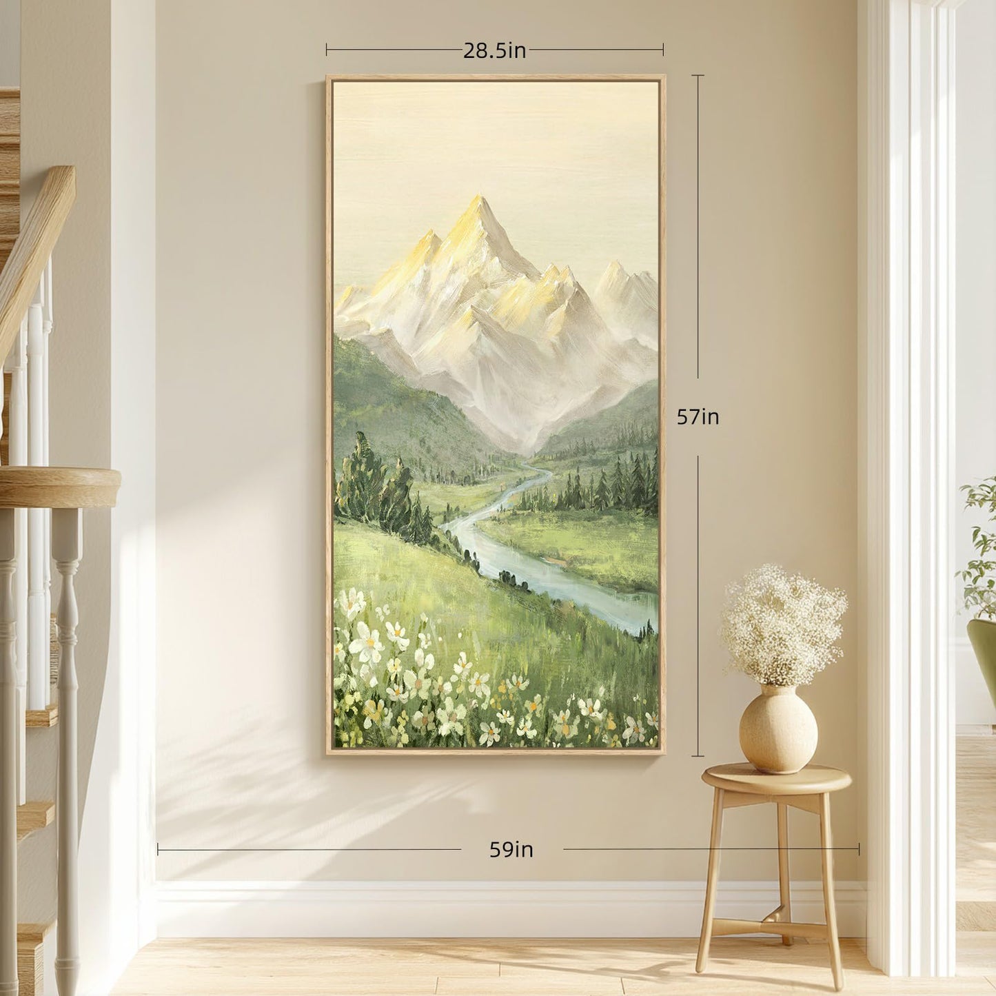 Framed Large Mountain Wall Art for Living Room, Vertical Green Forest Landscape Canvas Artwork for Walls, Nature Scenery Painting Print for Hallway Entryway Stair Home Office Wall Decor, 30x60 In