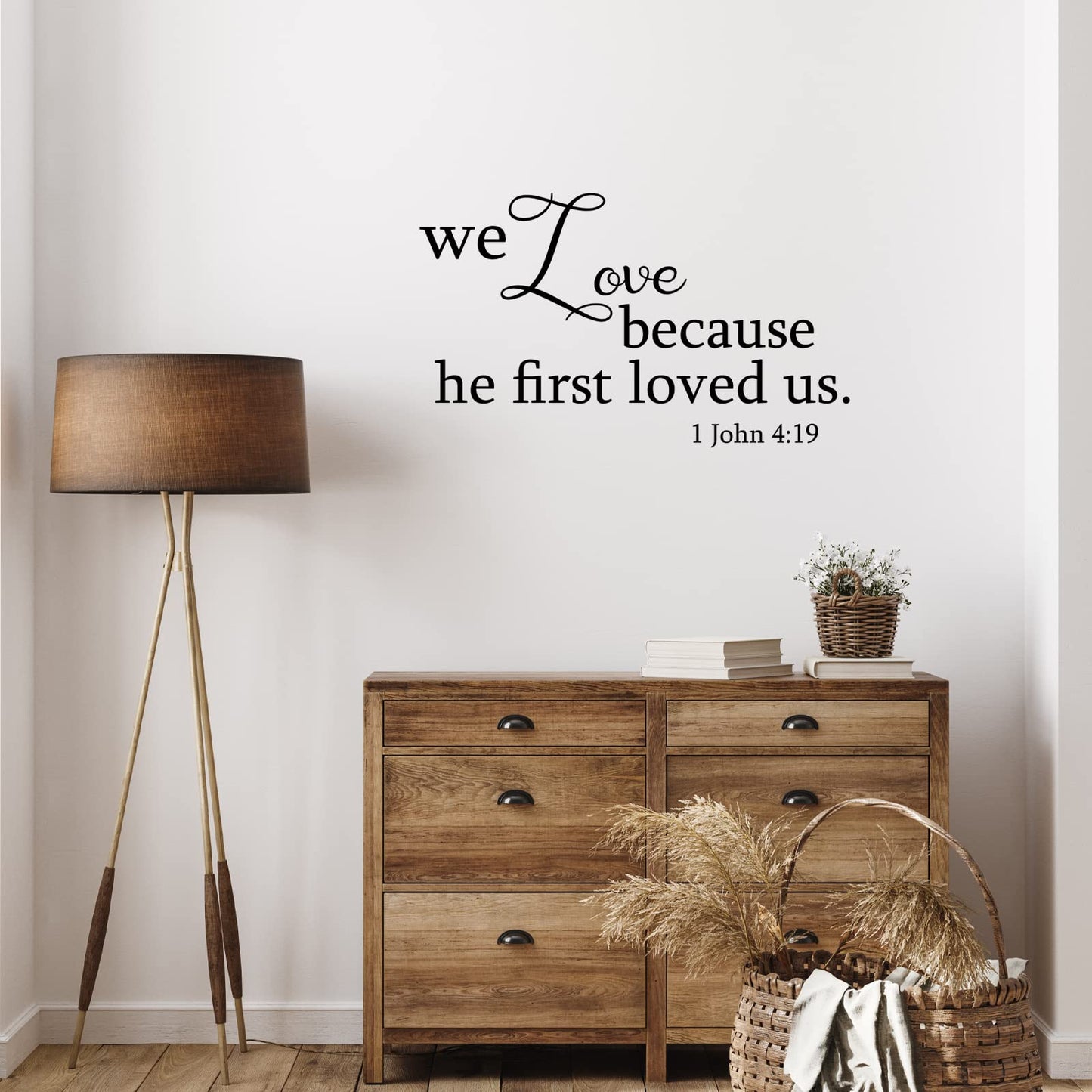 BBTO Bible Verse Wall Stickers Inspirational Quote Wall Decals Religious Motivational Scripture Sticker Peel and Stick for Bedroom Living Room Office Bathroom(We Love Because He First Loved Us)