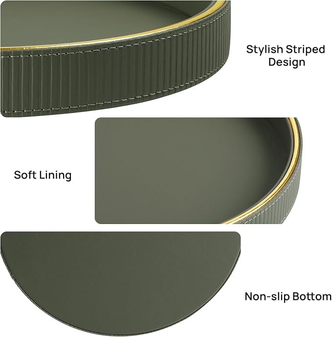 Round Decorative Tray for Coffee Table Decor, PU Leather Coffee Table Tray Golden Trim for Home Decor Living Room Dining Table, Perfume Trays Nightstand Organizer (Green)