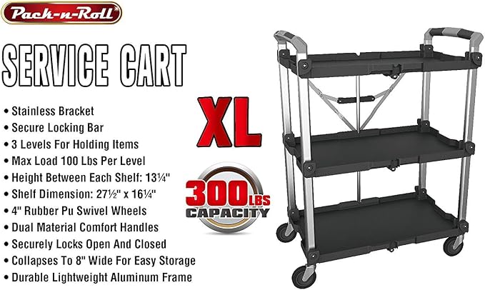 Olympia Tools 85-189 Pack N Roll Collapsible Service Cart, XL, 300LB Capacity, Black