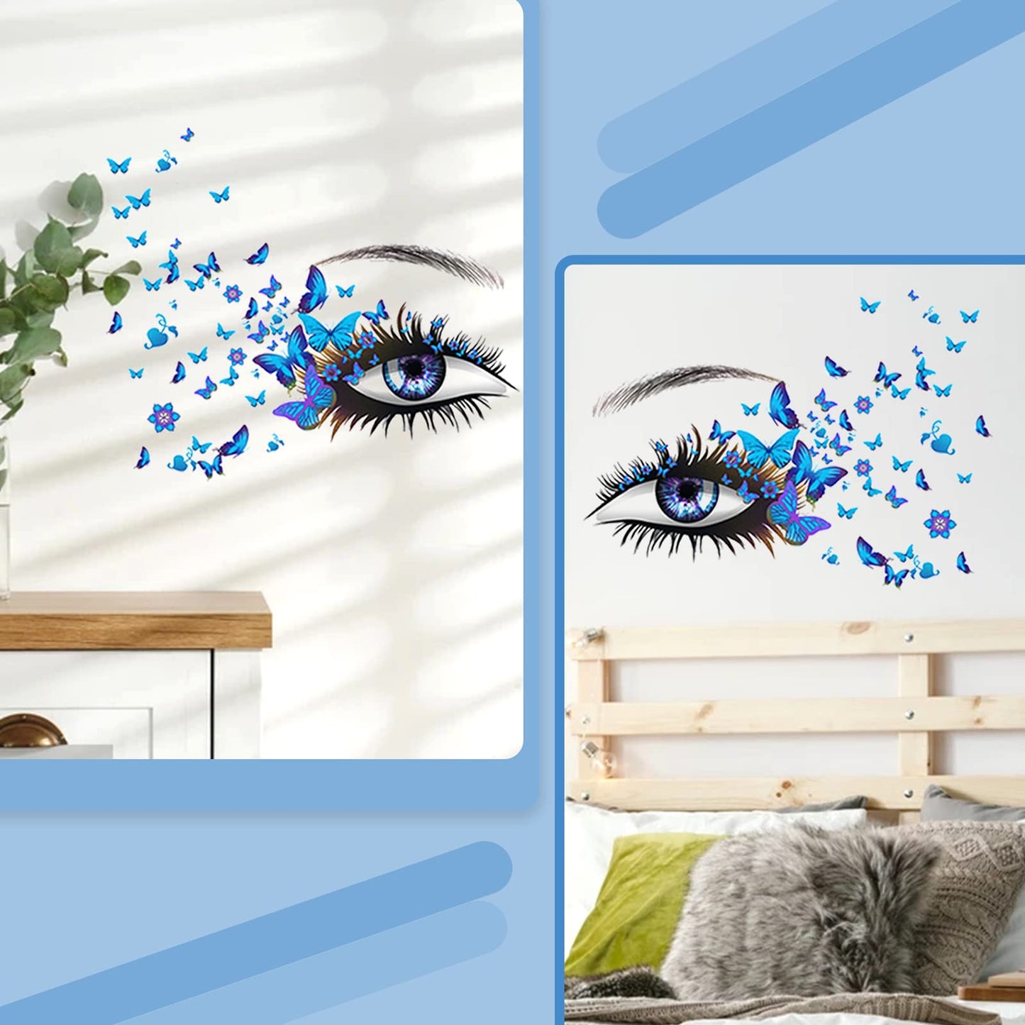 X-xdaonl Blue Eyelash Eyes Wall Stickers - 4 Sheets, Premium Matte Vinyl, Butterfly Decals, Waterproof, for Women Girls Bedroom Living Room Decoration