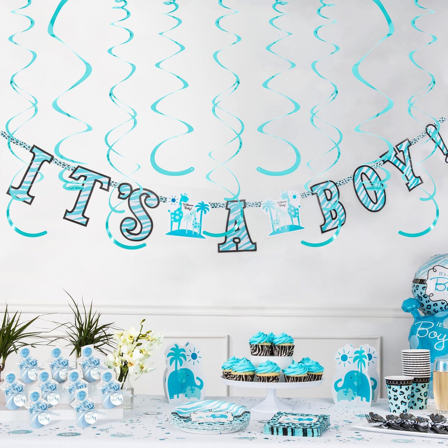 24 PCS Teal Hanging Swirl, Sparkle Ceiling Hanging Decorations, Plastic Streamer Party Decorations with Double-Swirls and Single-Swirls for Birthday Decorations, Graduation, Easter, Baby Shower