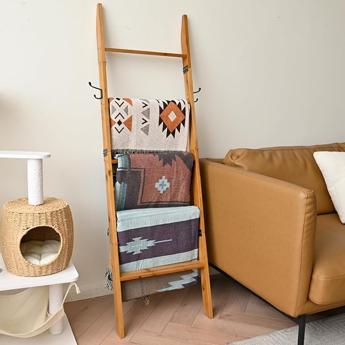 FUIN 58in Blanket Ladder, Wood Towel Ladder, Rustic Decorative Ladder for Blankets, Farmhouse Wooden Quilt Rack for Living Room & Bathroom