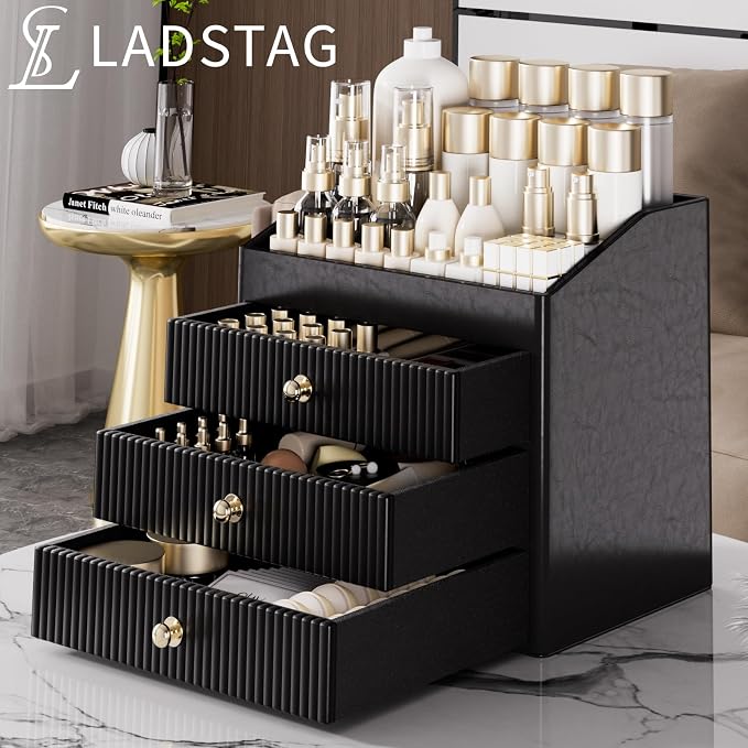 LADSTAG Cosmetic Organizer,Luxury Make up Organizer with 3 shelf Drawers,Black Large Capacity Makeup Organizers for Skincare,Brushes, Dresser,Bedroom,Bathroom,Birthday Gifts for Mom