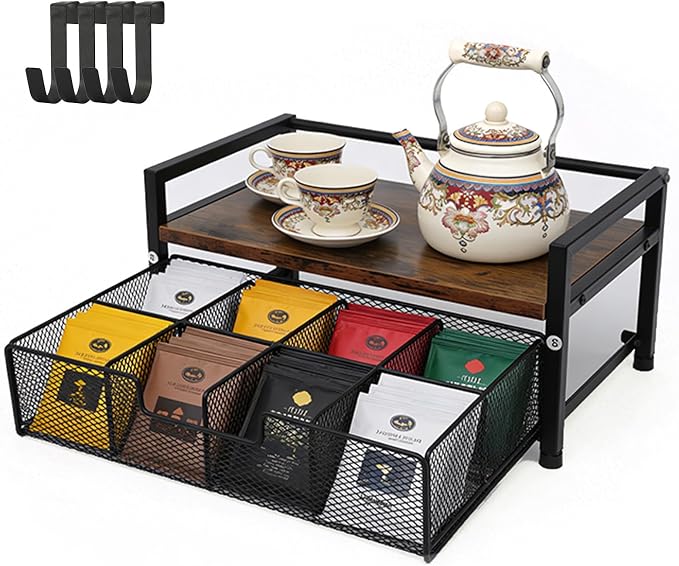 Tea Bag Organizer, Tea Bag Organizers and Storage with Drawer, Tea Bag Holder Natural Wood & Metal with 8 Compartments, Tea Storage Chest Container Box for Countertop Kitchen with 4 Hooks