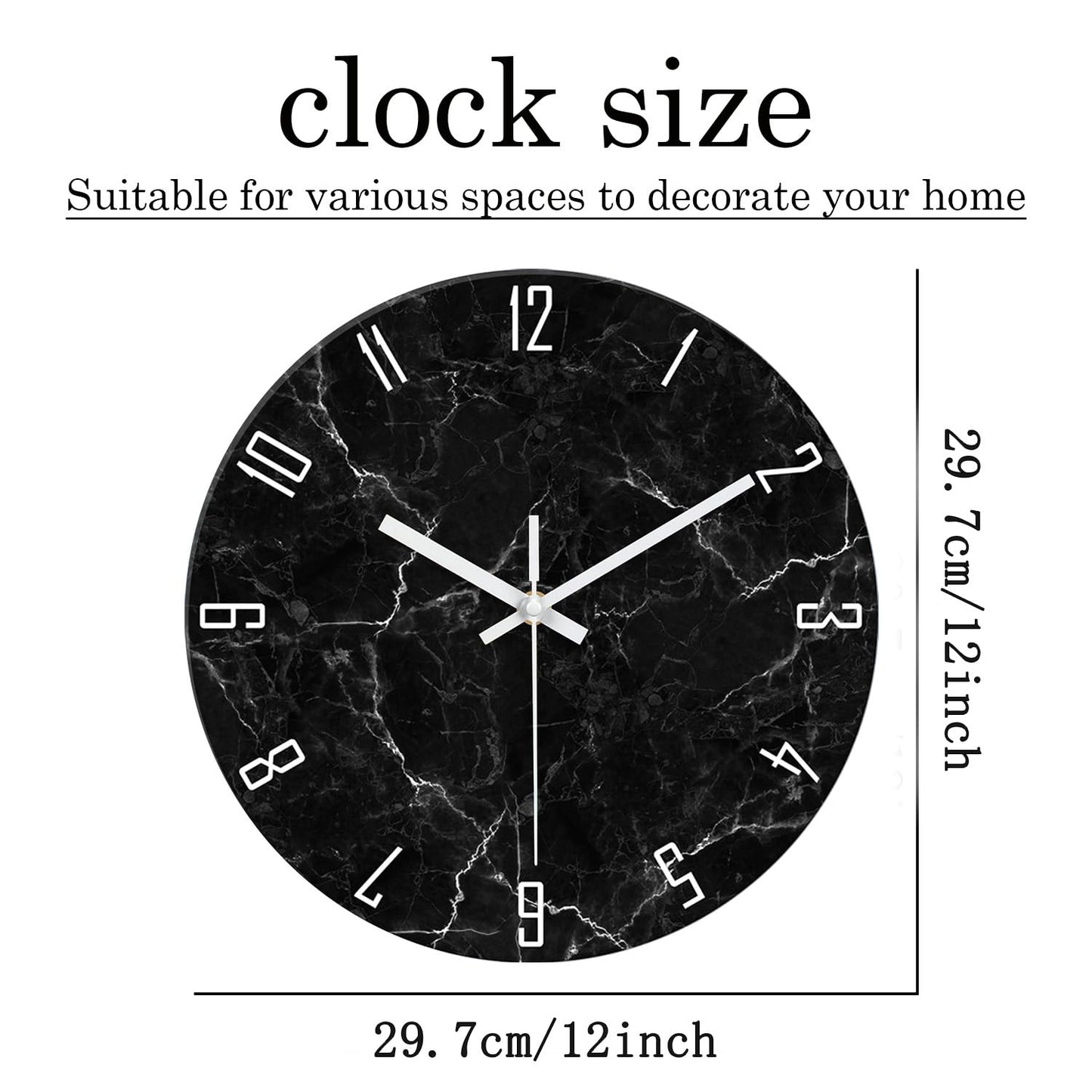 Black Minimalist Wall Clocks for Living Room Glass Marble Pattern Wall Clocks Battery Operated 12 Inch Abstract Wall Clock Non Ticking