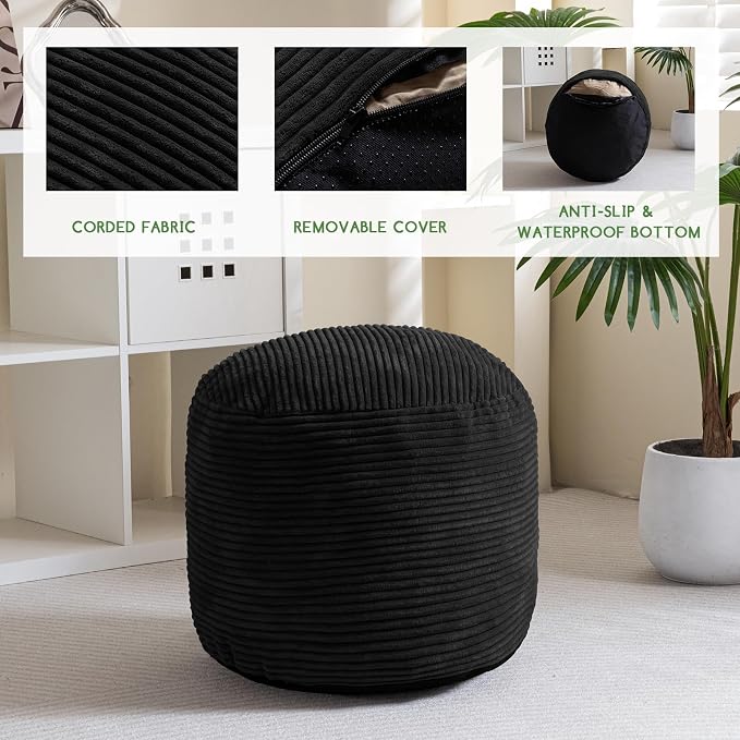 HIGOGOGO Round Stuffed Pouf Ottoman, Corduroy Poufs with Foam Chunk Filling, Furry and Fluffy Pouf Foot Stool Storage Ottoman, 26 X 18 Floor Poufs Foot Rest for Living Room, Black