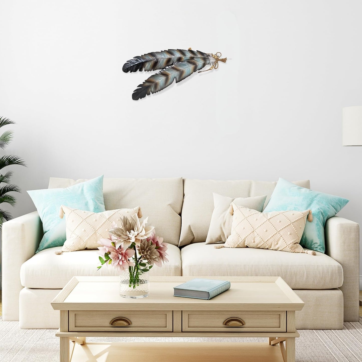 AMAJY Rustic Metal Feathers Wall Hanging Décor - Southwest Boho Chic, Rustic, Nature-Inspired, and Spiritual Home Decoration - Metal Wall Art for Living Room, Bedroom, Office - 8x20 Inches