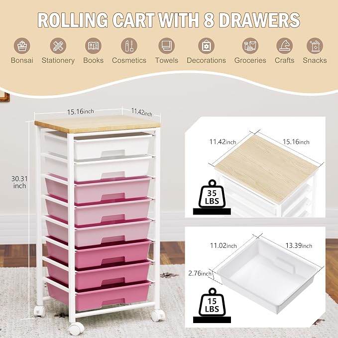 Rolling Cart with 8 Drawers, Storage Drawers Cart with Wooden Tabletop and Lockable Wheels, Craft Storage for Living Room, Office, Classroom, Craft Room, Bedroom