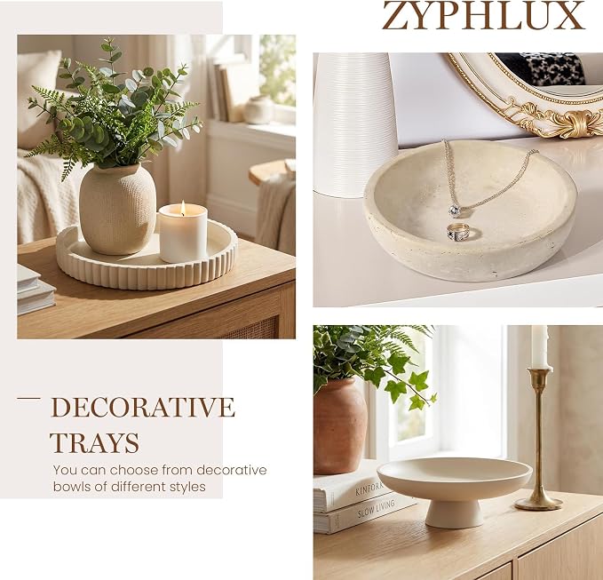 Round Decorative Trays & Coffee Table Tray, 11 Inch Fluted Coffee Table Centerpiece Decor, No Slip Modern Circle Concrete Organizer for Living Room, Console, Kitchen Island, Dresser