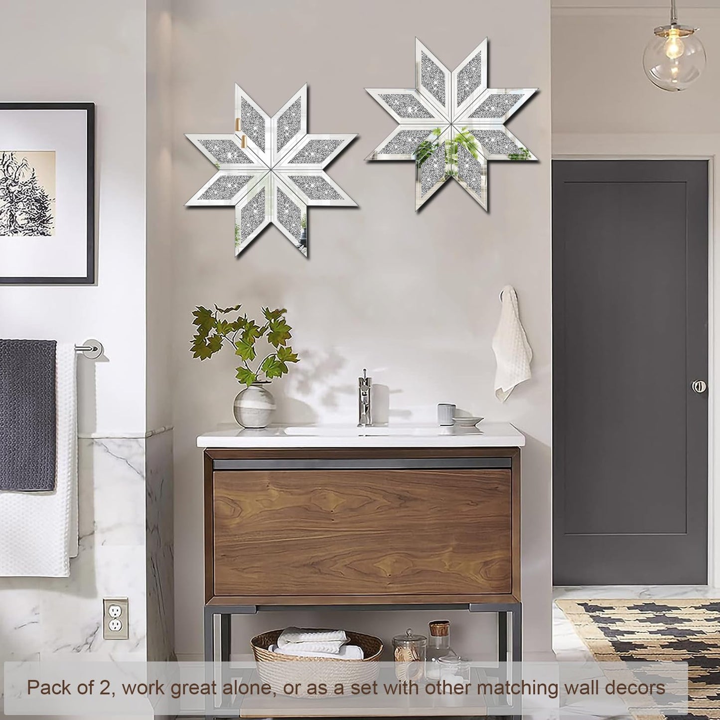 WALTSOM 2 Piece Crushed Diamond Decorative Mirror, Silver Crushed Diamond Mirror Decor Wall for Living Room Bedroom Bathroom Office (12X12in, Set of 2, Ready to Hang)