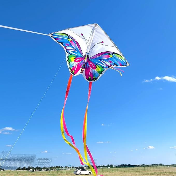 Simxkai Butterfly Kite for Kids & Adults, Easy to Fly Blue Big Kite for Beginners, Line Handle Included (1Pack 2Pack)