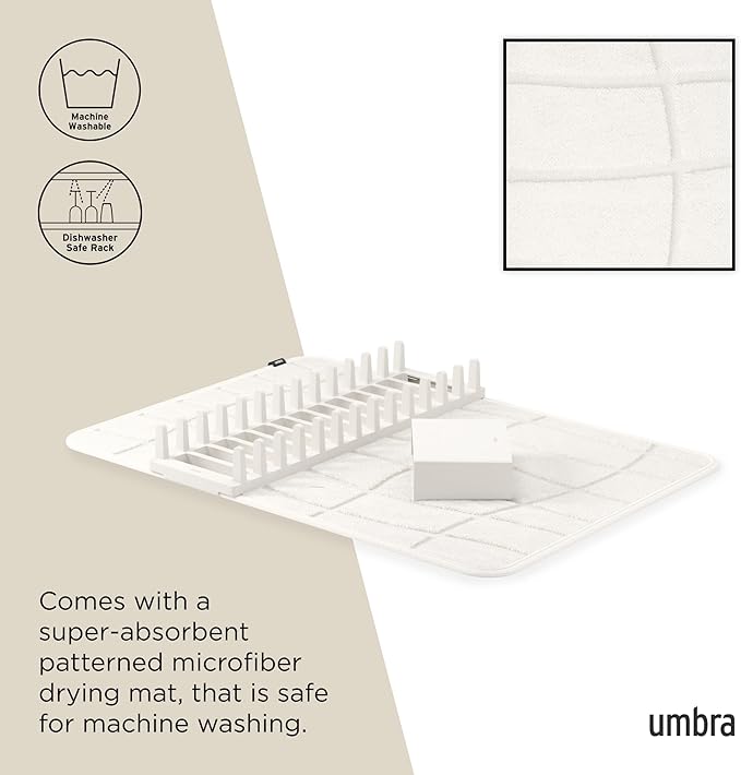 Umbra UDry Dish Drying Rack with Mat – Kitchen Countertop Dish Drainer & Absorbent Microfiber Drying Mat, Foldable Dish Rack Organizer for Plates, Cups & Utensils, Sand