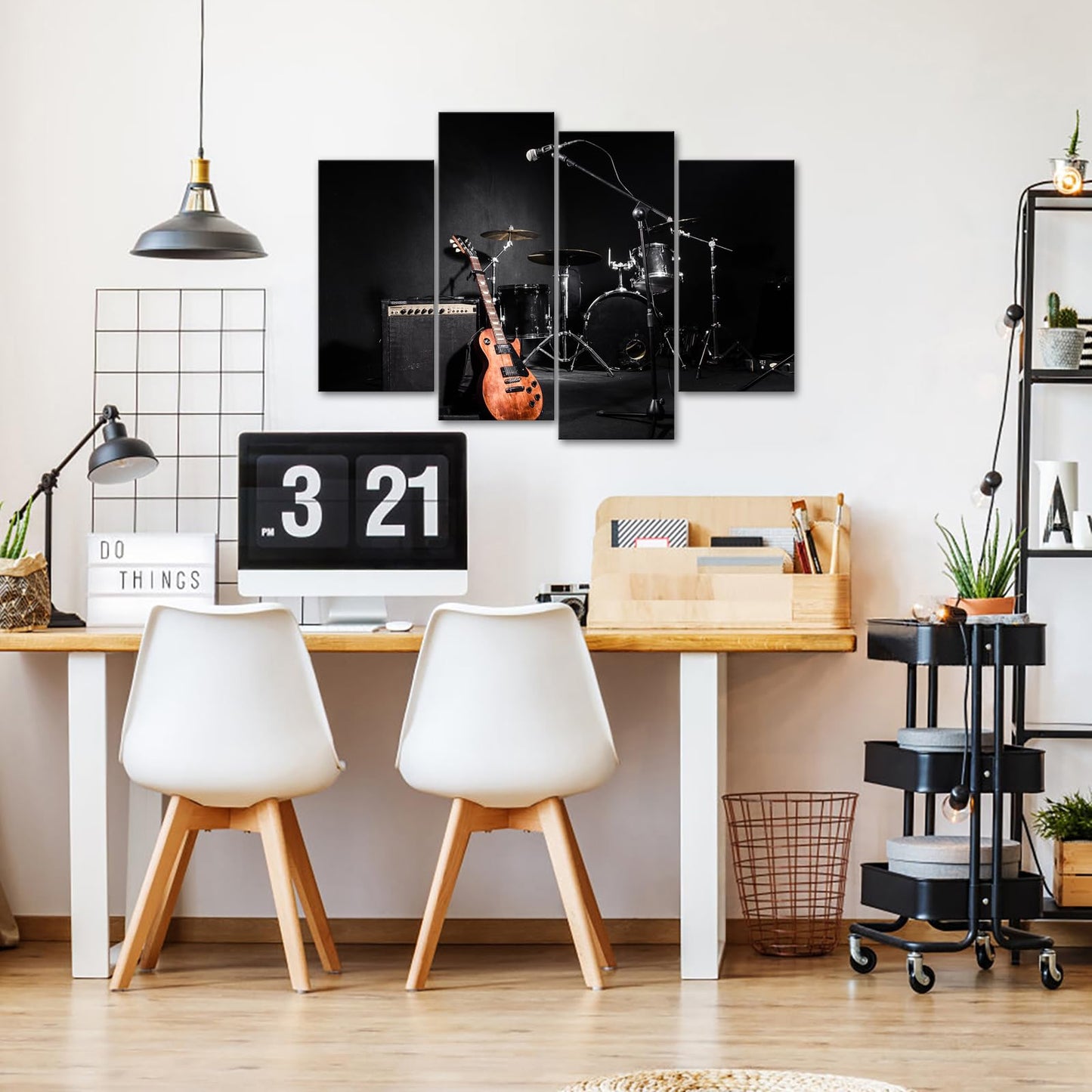 Canvbay 4 Piece Music Wall Art Rock Band Guitar Shelf Drum Set Picture Prints on Canvas Musical Instrument in Black Background Modern Artwork Decor for Living Room Bedroom Man Cave Home Studio